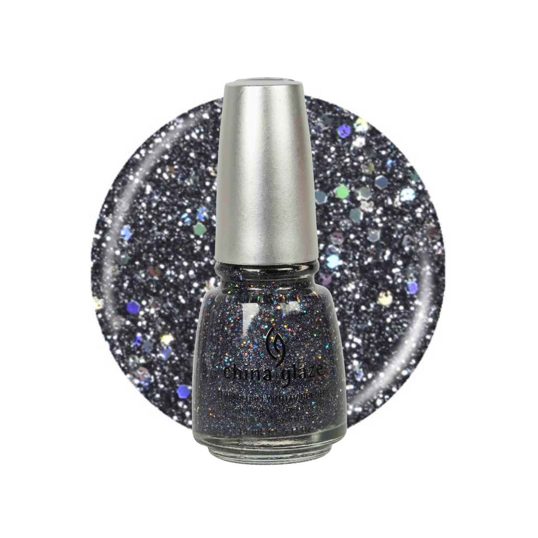 A bottle of China Glaze nail polish with a silver cap, shown in front of a circular glitter swatch of the same shade. The polish is a dark charcoal gray with dense holographic glitter reflecting blue, purple, and silver tones.