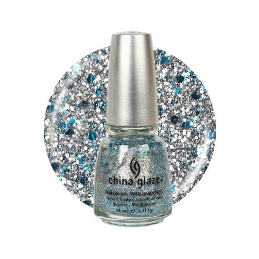 A bottle of China Glaze glitter nail polish with a silver cap, shown in front of a circular glitter swatch displaying a light blue and silver sparkle pattern on a white background.