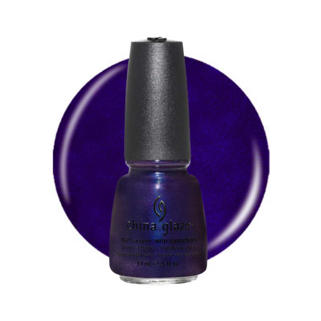A bottle of China Glaze nail polish in a deep, shimmery purple shade, set against a large matching purple color swatch on a white background.