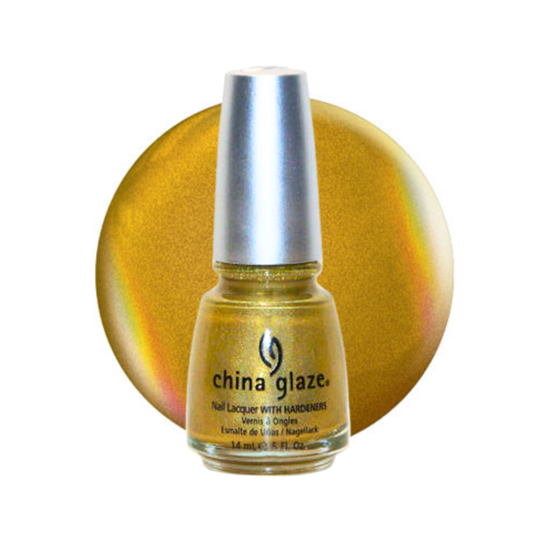 A bottle of China Glaze nail polish with hardeners in a shimmering metallic gold shade, set against a matching gold circular background on a white studio backdrop.
