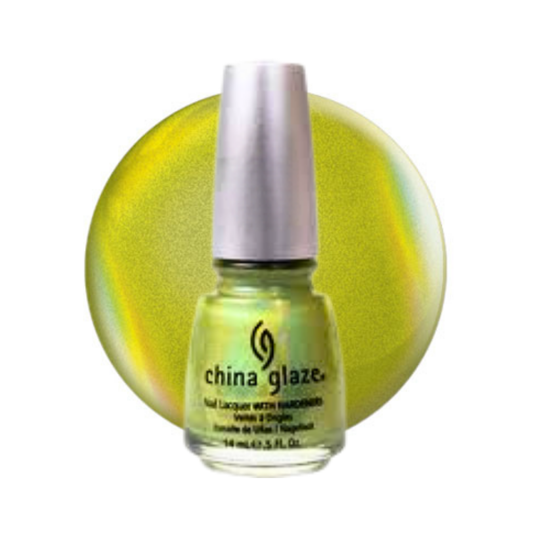 A bottle of China Glaze nail polish, featuring a light lime green polish, set against a matching lime green circular swatch on a white background.