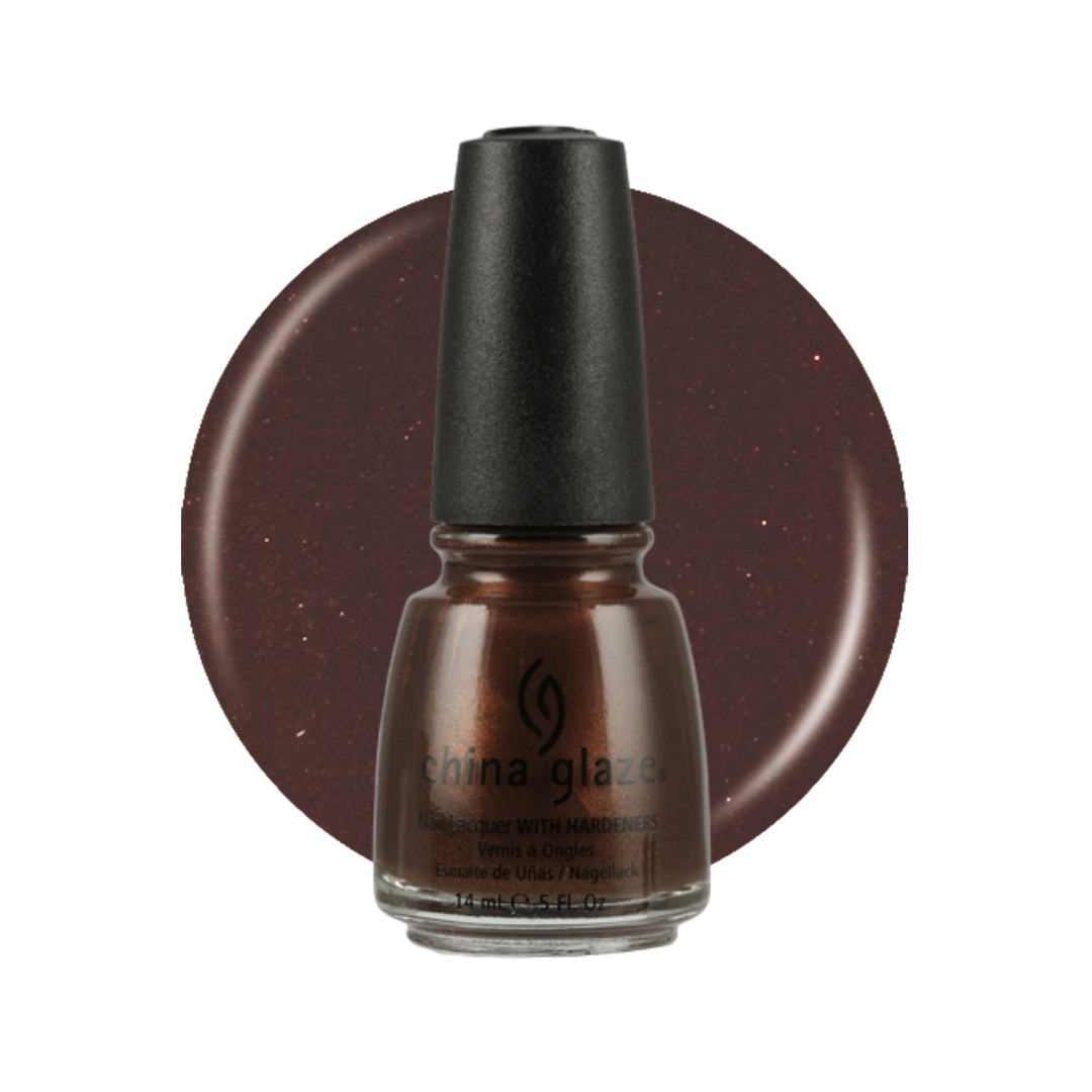 A bottle of China Glaze nail polish in a deep metallic burgundy-brown shade, shown in front of a matching circular color swatch on a white background.