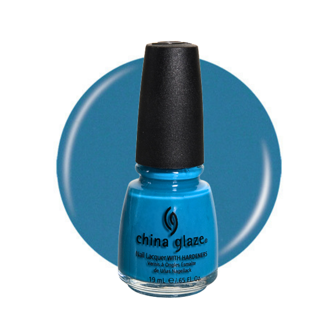 A bottle of China Glaze nail polish in a bright medium blue shade, shown in front of a matching blue circular color swatch on a white background.