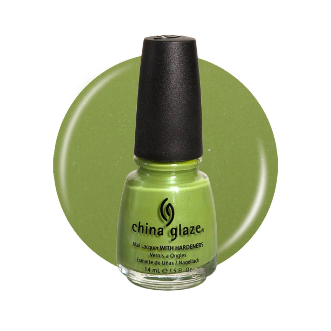 A bottle of China Glaze nail polish in a light olive green shade, shown with a matching green color swatch circle behind it on a white background.