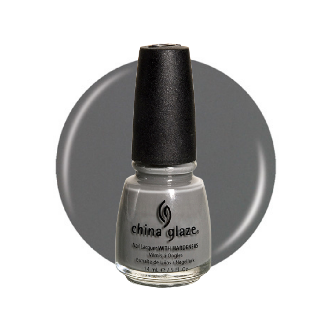 A bottle of China Glaze nail polish in a light gray shade, shown in front of a matching gray circular color swatch on a white background.