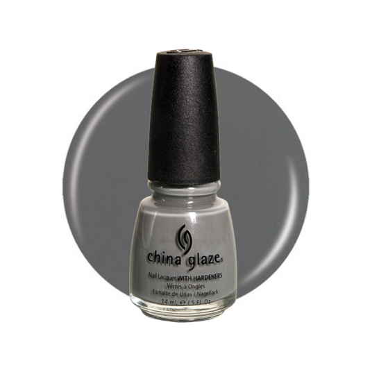 A bottle of China Glaze nail polish in a light gray shade, shown in front of a matching gray circular color swatch on a white background.