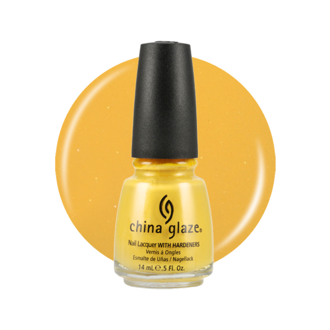 A bottle of China Glaze nail lacquer with hardeners in a bright yellow shade, set against a circular yellow swatch on a white background.