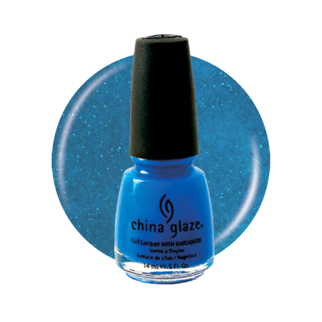 A bottle of China Glaze nail lacquer in a bright glittery blue shade, shown in front of a large circular swatch of the same blue glitter polish on a white background.