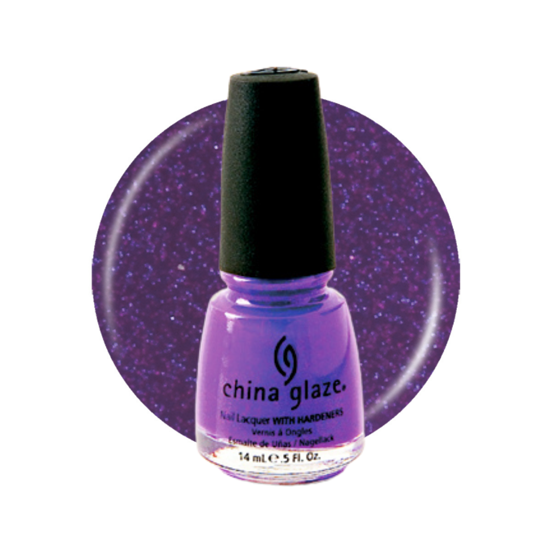 A bottle of China Glaze nail polish in a sparkling purple shade, shown in front of a matching circular swatch on a white background.