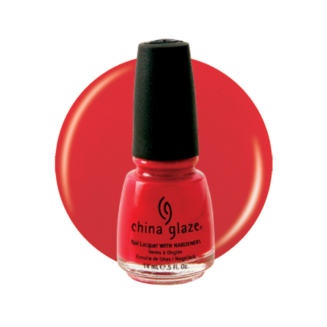 A bottle of China Glaze nail polish in a bright red shade, shown against a white background with a large red circular color swatch behind it.