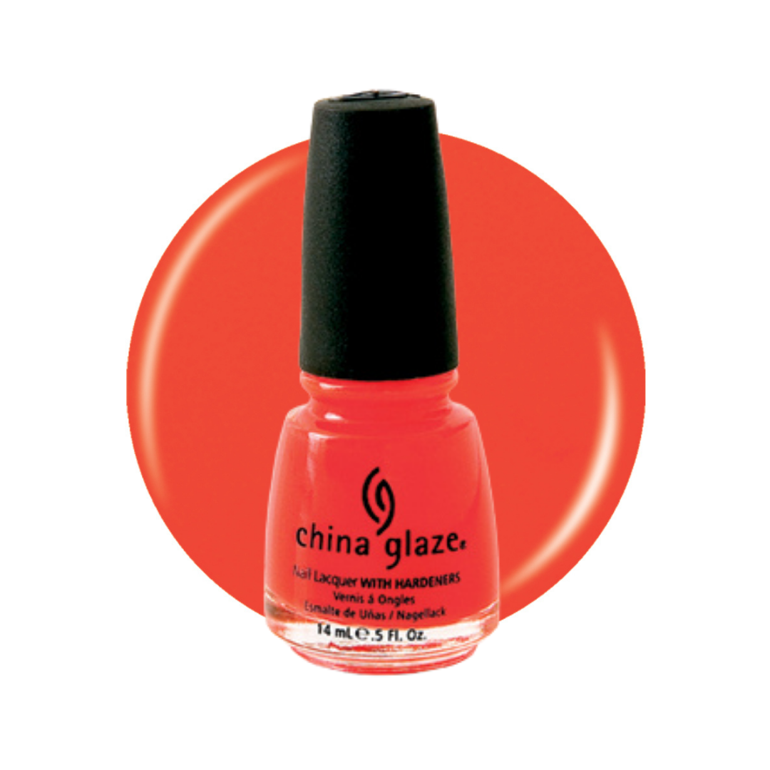 A bottle of China Glaze nail polish in a bright coral-red shade, shown against a white background with a large matching coral-red circular color swatch behind it.