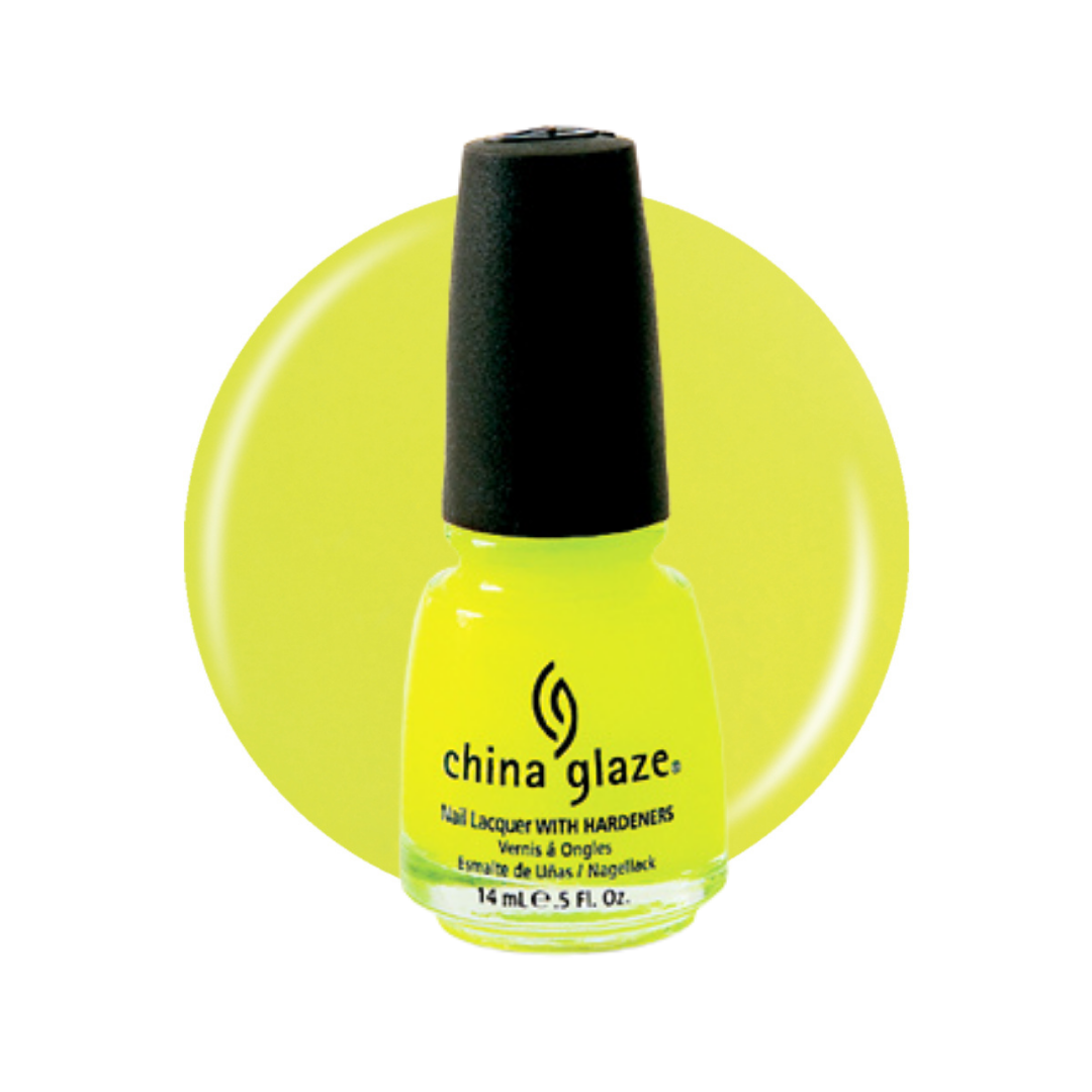 A bottle of China Glaze nail polish in a bright neon yellow-green shade, shown against a matching circular color swatch on a white background.
