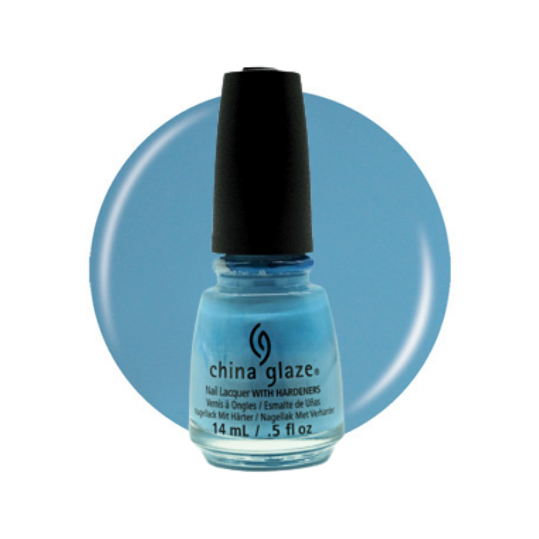 A bottle of China Glaze nail polish in a light blue shade, shown in front of a matching light blue circular color swatch on a white background.