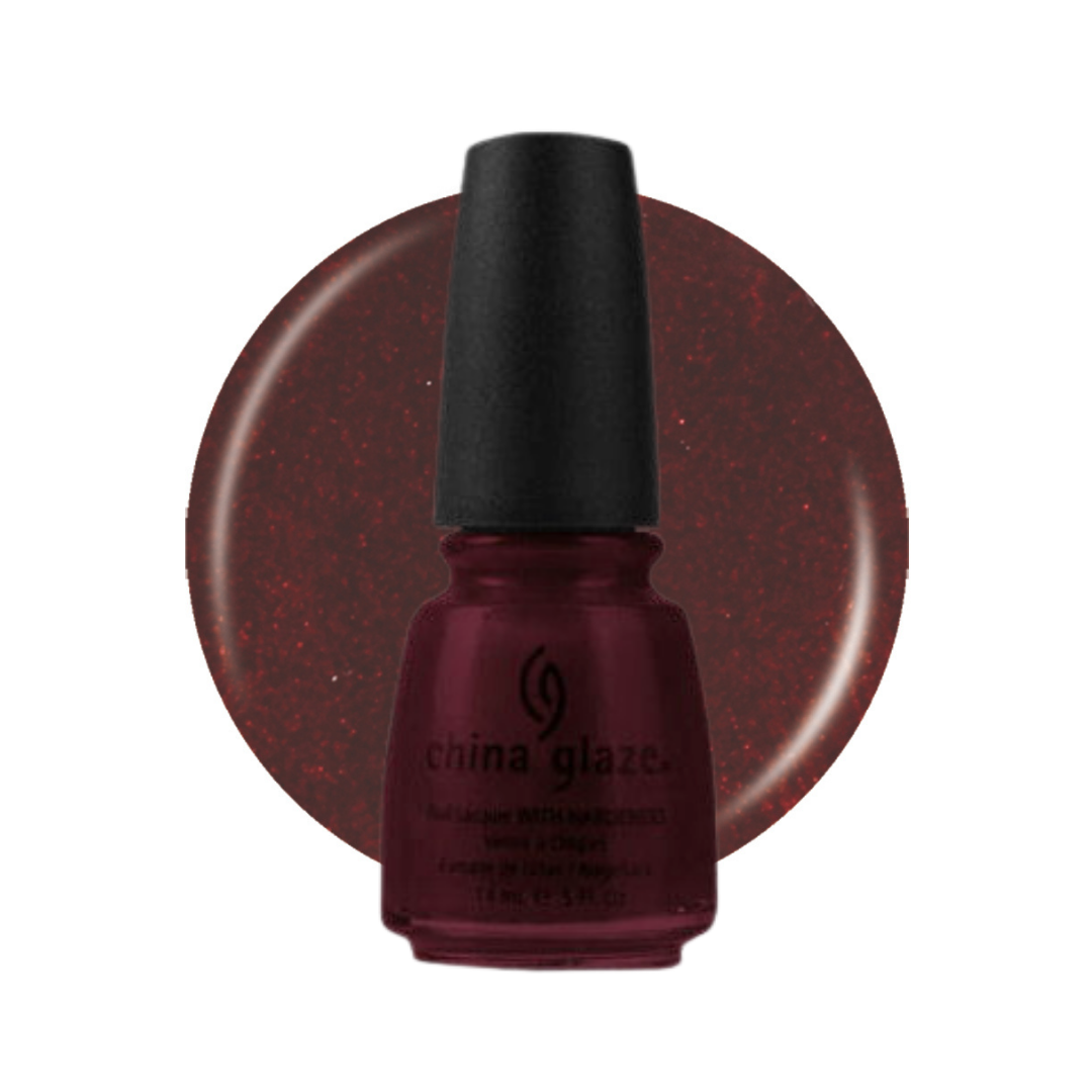 A bottle of China Glaze nail polish in a deep burgundy shade with fine red glitter, shown in front of a matching circular color swatch on a white background.