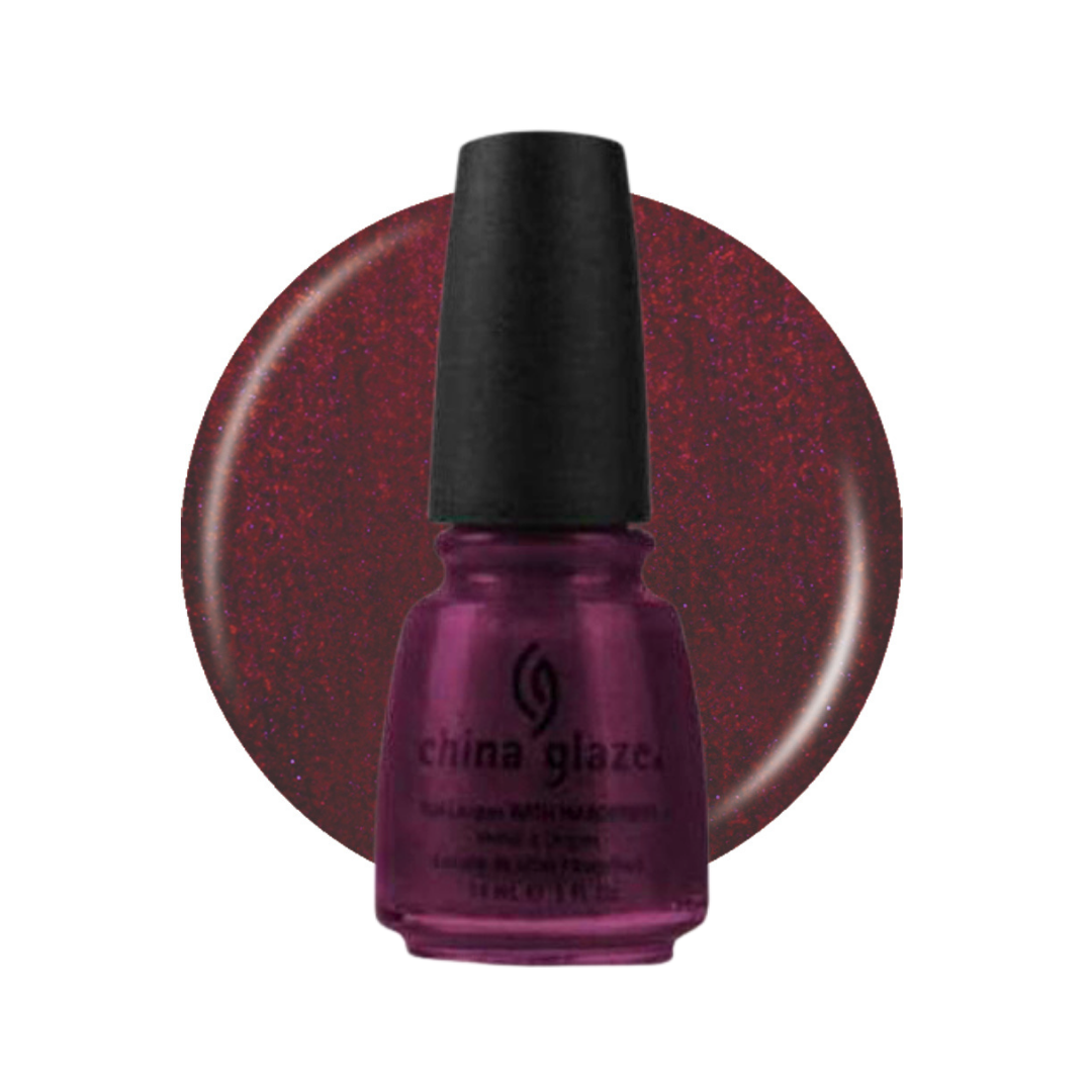 A bottle of China Glaze nail lacquer in a deep glittery burgundy-red shade, shown in front of a circular color swatch on a white background.