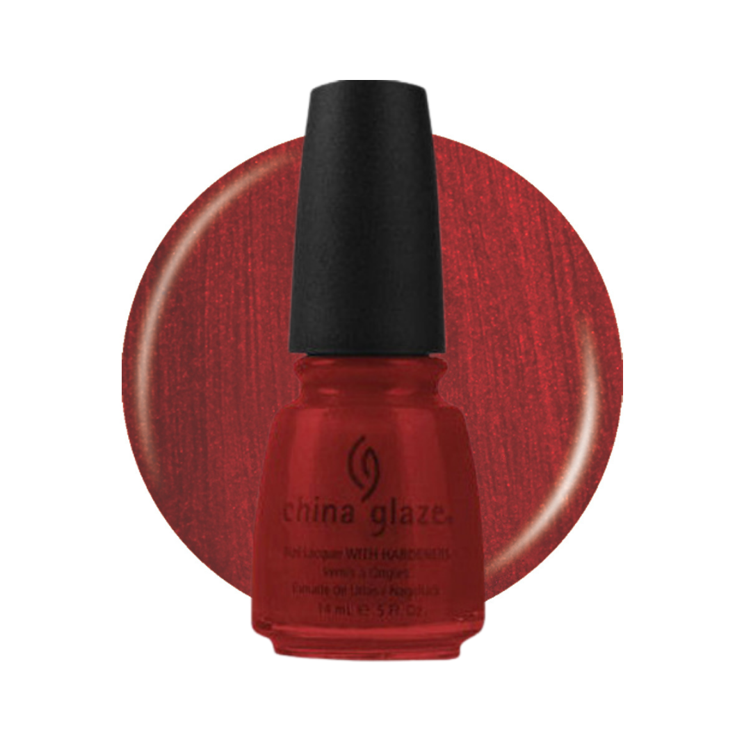 A bottle of China Glaze nail polish in a deep red shade, shown in front of a circular textured swatch of the same red polish on a white background.