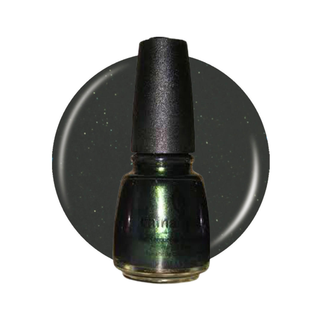A bottle of nail polish with a black cap, showing a dark metallic green and black glitter polish, set against a circular dark swatch on a white background.