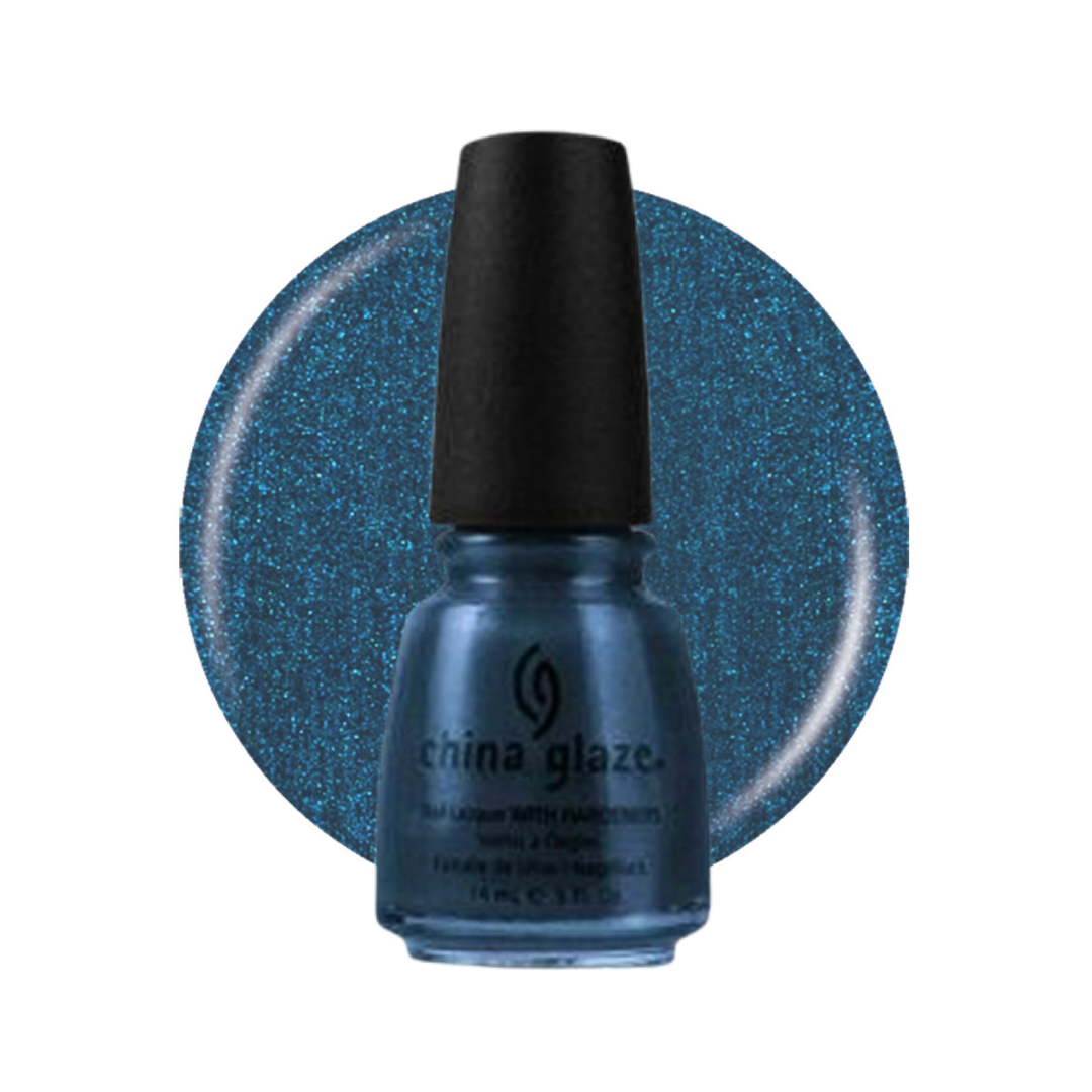 A bottle of China Glaze nail polish in a glittery teal-blue shade, shown in front of a matching circular color swatch on a white background.