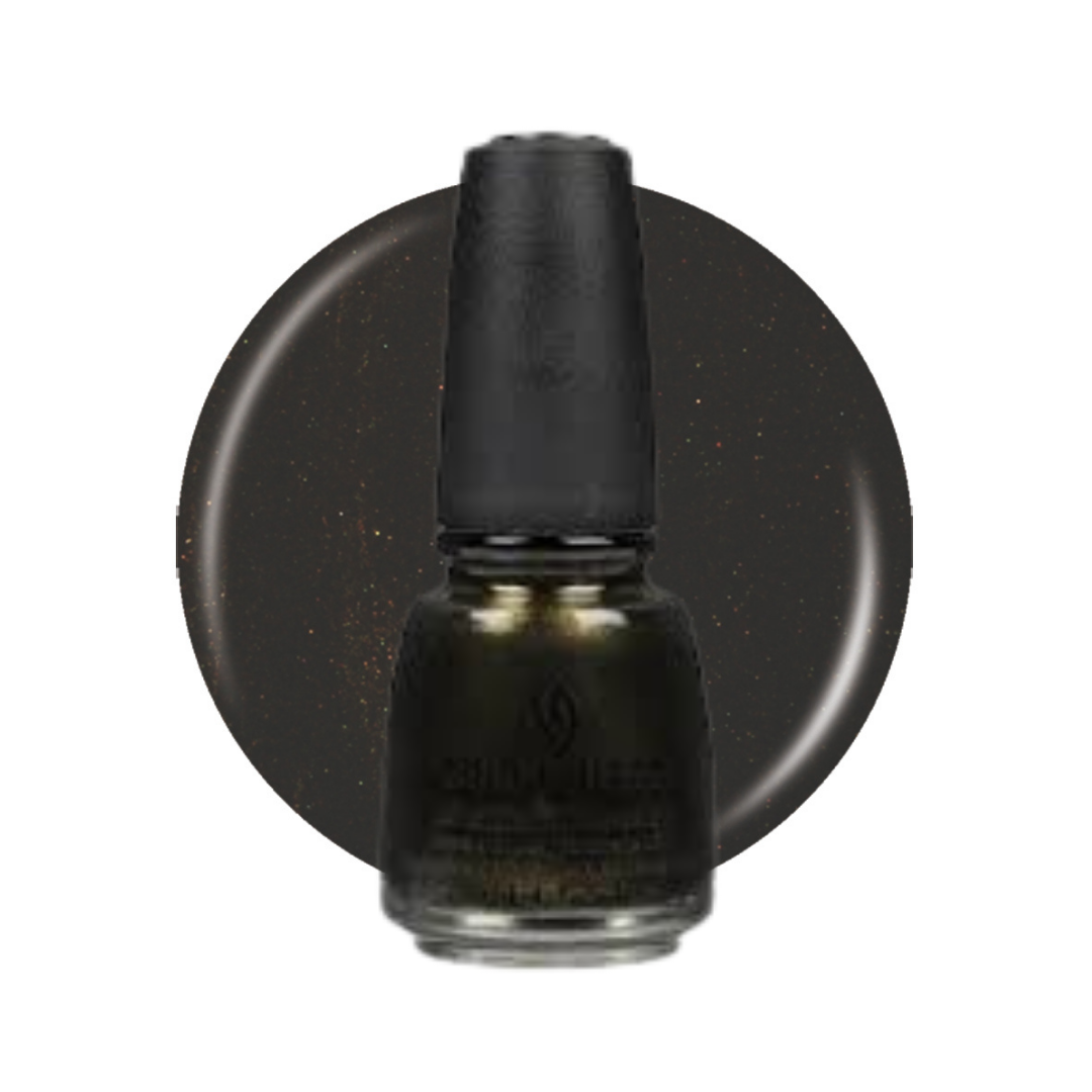 A bottle of China Glaze nail polish in a dark, shimmering metallic color, shown in front of a circular color swatch on a white background.