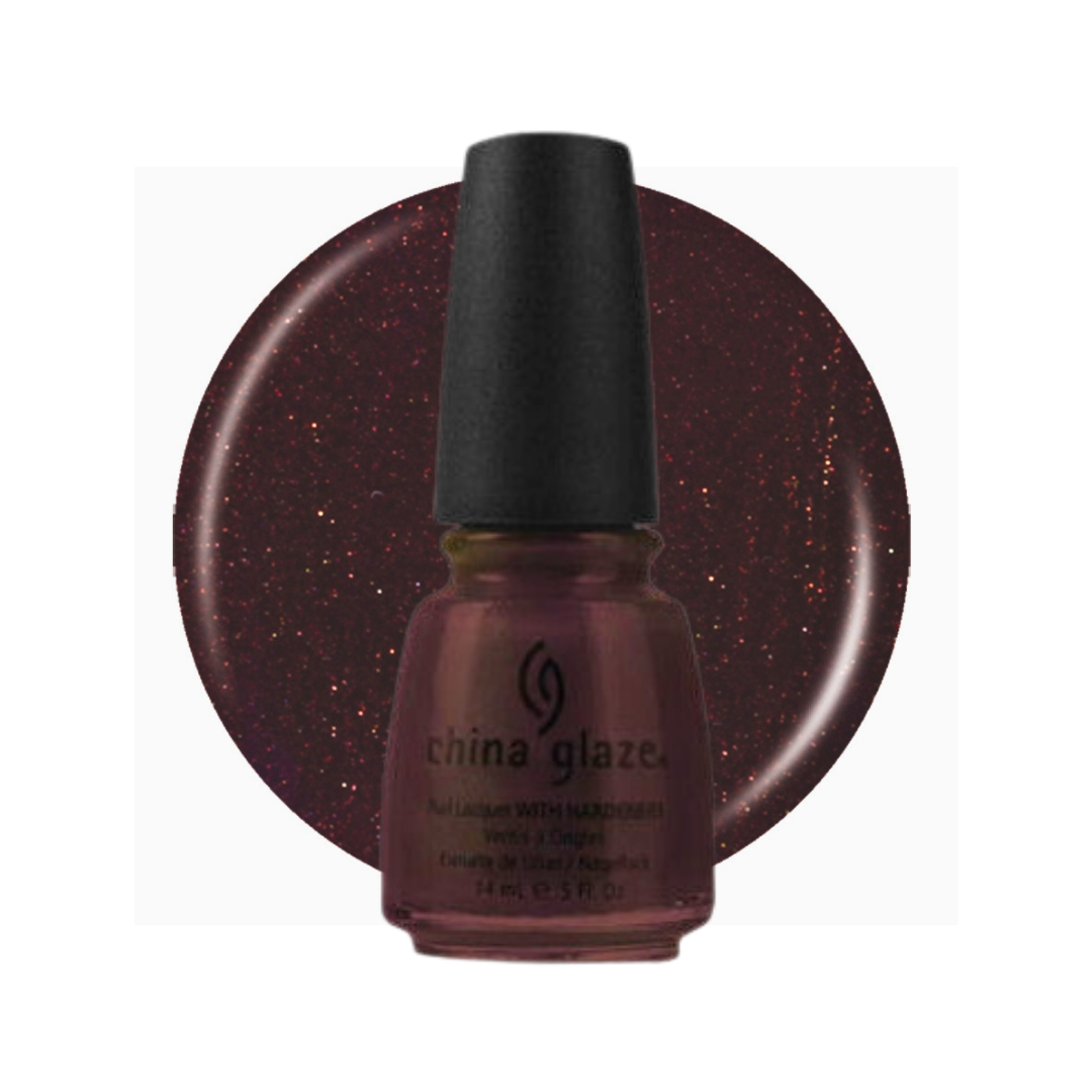 A bottle of China Glaze nail polish with a black cap, shown in front of a circular color swatch of the same glittery burgundy shade on a white background.