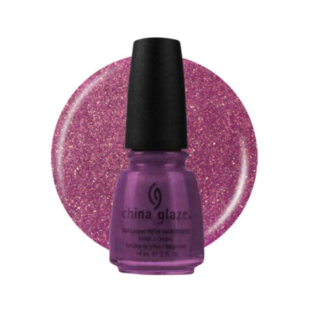 A bottle of China Glaze nail polish in a glittery magenta-purple shade, shown in front of a matching circular glitter swatch on a white background.