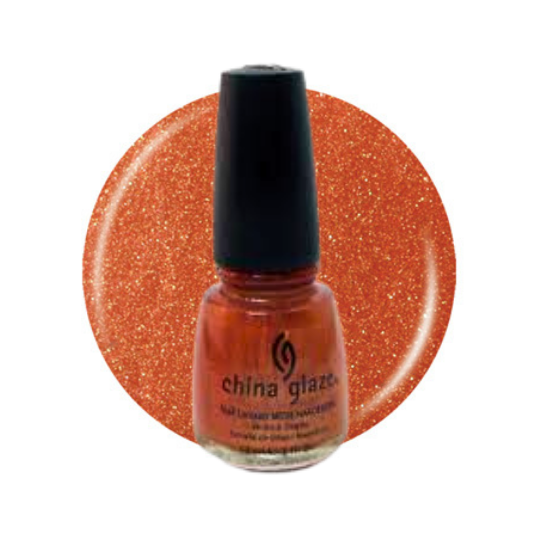A bottle of China Glaze nail lacquer with a black cap, set against a circular orange glitter swatch on a white background.