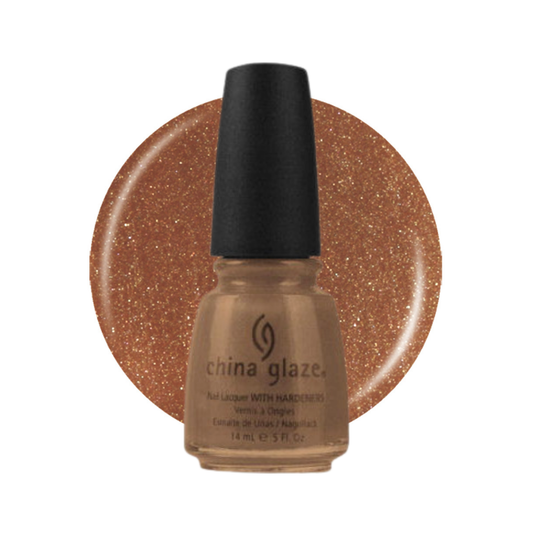 A bottle of China Glaze nail lacquer with hardeners in a warm bronze glitter shade, shown in front of a matching circular glitter swatch on a white background.