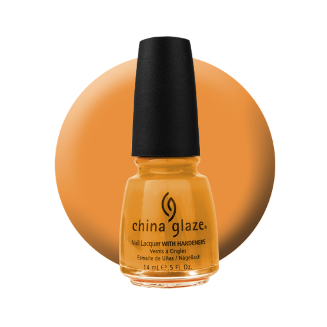 A bottle of China Glaze nail polish with hardeners in a warm orange shade, set against a matching orange circular swatch on a white background.