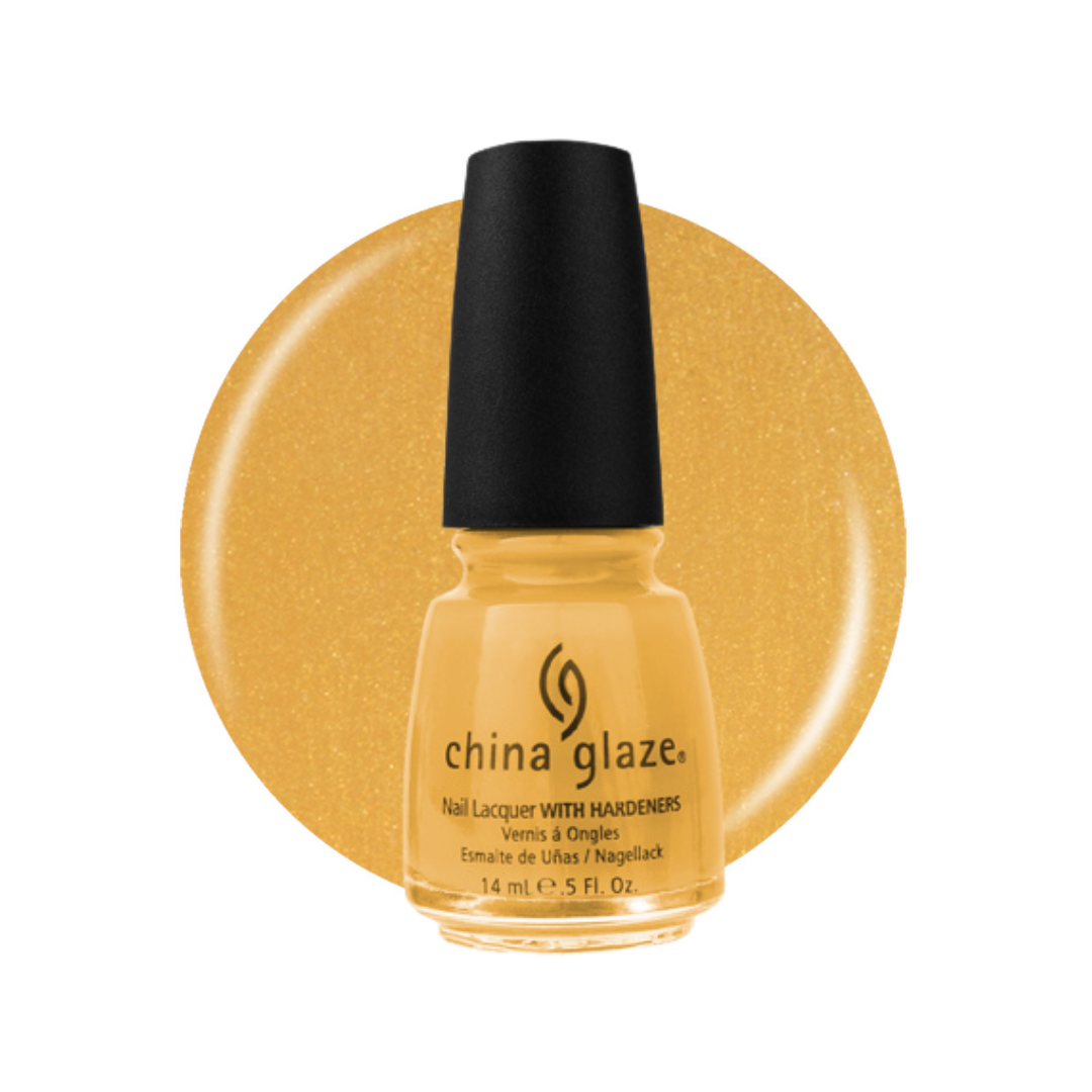 A bottle of China Glaze nail lacquer with hardeners in a shimmering metallic gold shade, set against a matching circular gold swatch on a white background.