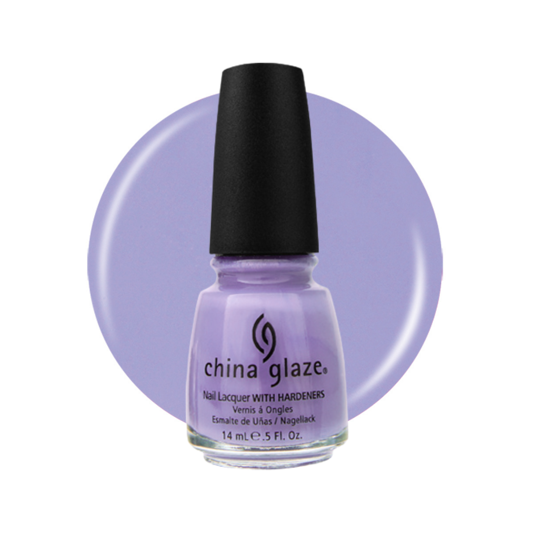 A bottle of China Glaze nail polish in a light lavender purple shade, shown against a matching lavender circular background on a white studio backdrop.