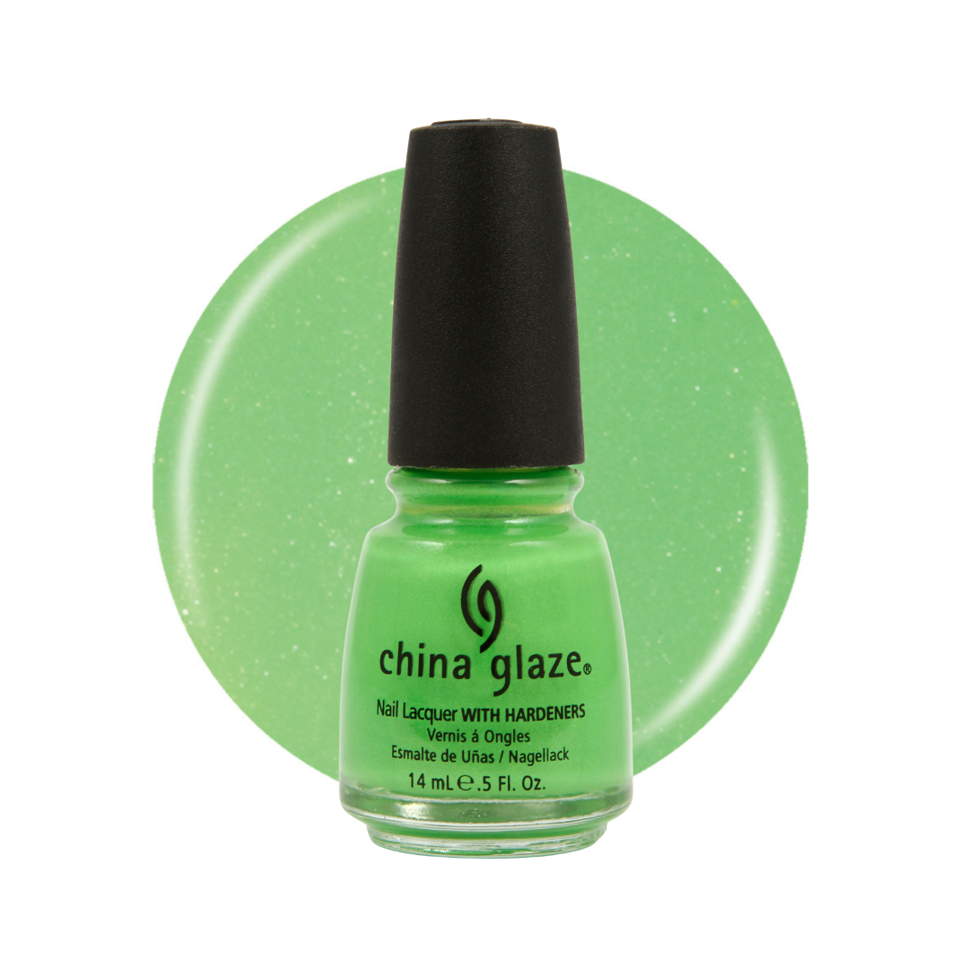 A bottle of China Glaze nail polish in a bright light green shade with fine glitter, shown against a matching circular swatch on a white background.