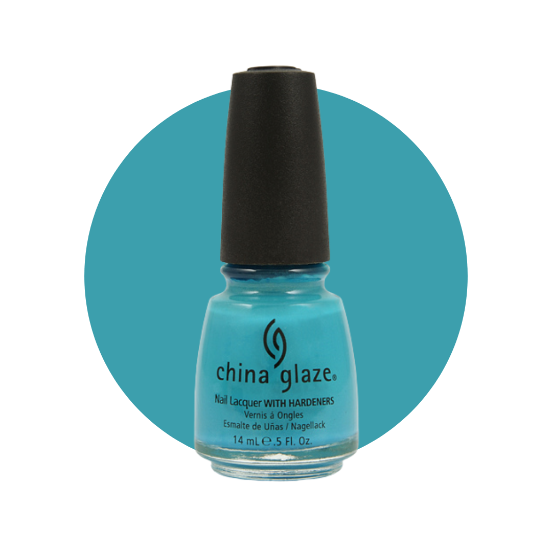 A bottle of China Glaze nail polish with hardeners in a bright turquoise blue shade, set against a solid teal circular background on a white canvas.