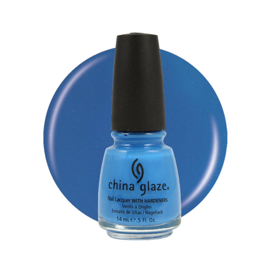 A bottle of China Glaze nail polish in a bright medium blue shade, shown against a matching blue circular swatch on a white background.