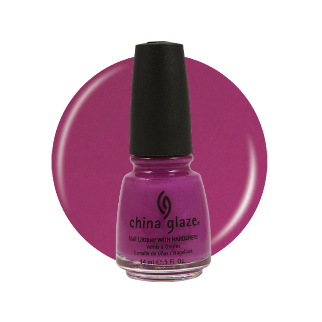 A bottle of China Glaze nail polish in a vibrant magenta-purple shade, shown in front of a large matching circular color swatch on a white background.