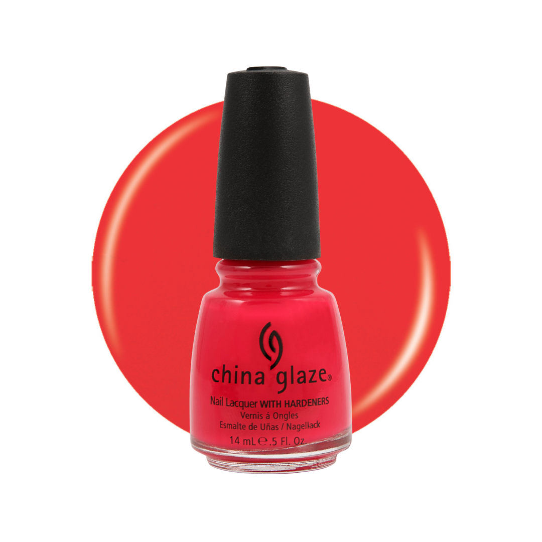 A bottle of China Glaze nail polish in a bright coral-red shade, shown against a white background with a large matching red circular color swatch behind it.