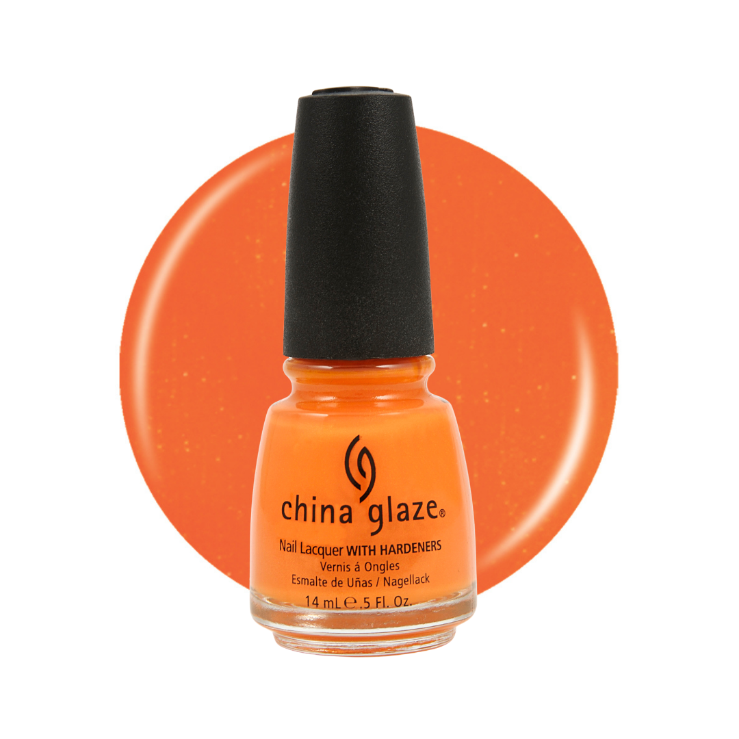 A bottle of China Glaze nail polish in a bright orange shade, shown against a white background with a matching orange circular swatch behind it.