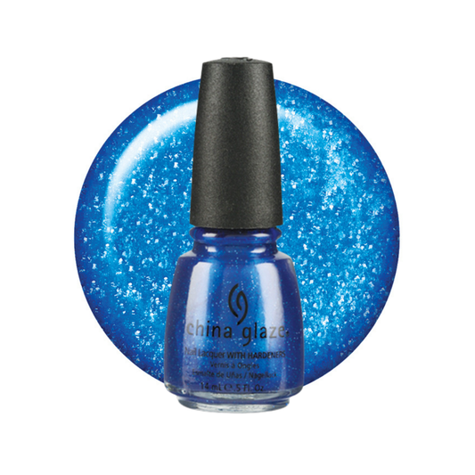 A bottle of China Glaze nail polish in a sparkling medium blue shade, shown in front of a matching circular swatch on a white background.