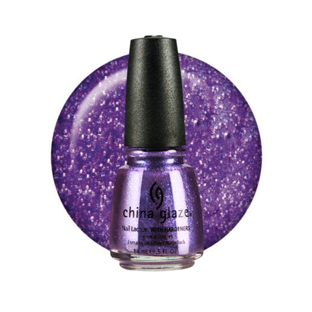 A bottle of China Glaze nail lacquer with a black cap, shown in front of a circular purple glitter swatch on a white background.