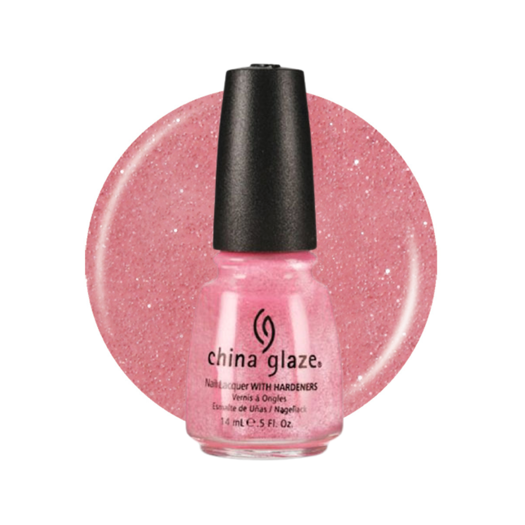 A bottle of China Glaze nail polish with hardeners in a sparkling light pink shade, shown against a matching pink glitter swatch on a white background.