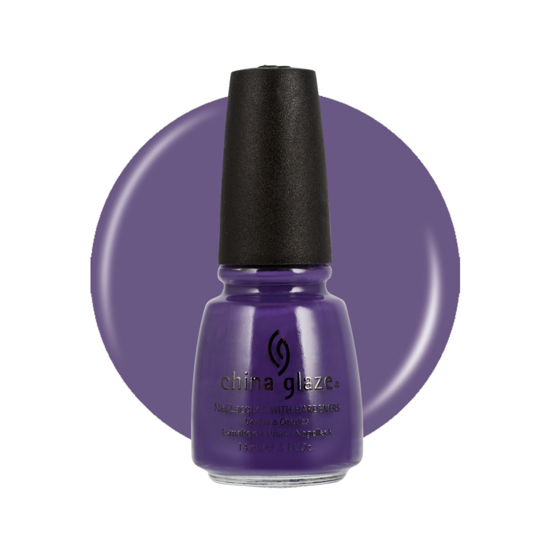 A bottle of China Glaze nail polish in a medium purple shade, shown in front of a matching circular color swatch on a white background.