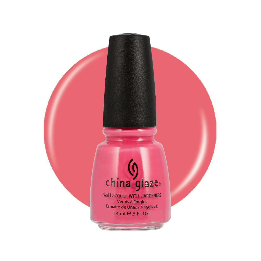 A bottle of China Glaze nail polish in a bright pink shade, set against a matching circular color swatch on a white background.