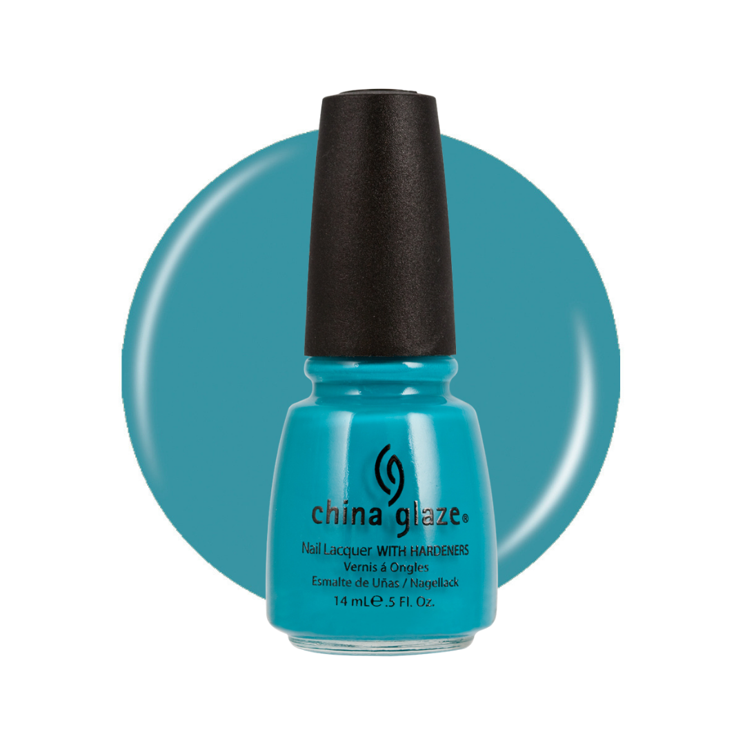 A bottle of China Glaze nail polish in a bright teal blue shade, shown against a matching teal circular color swatch on a white background.