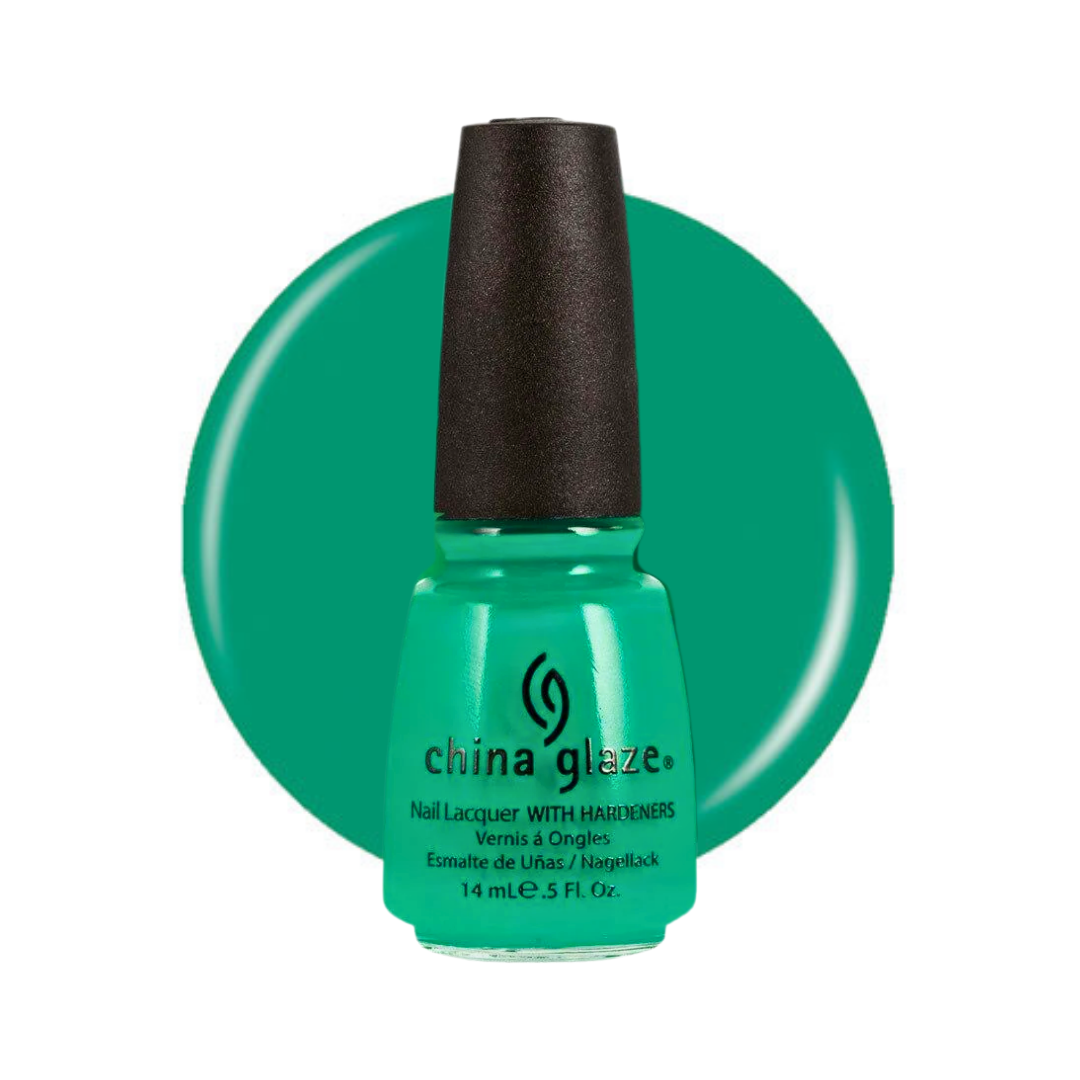 A bottle of China Glaze nail lacquer with hairifiers in a vibrant emerald green shade, set against a matching circular green swatch on a white background.