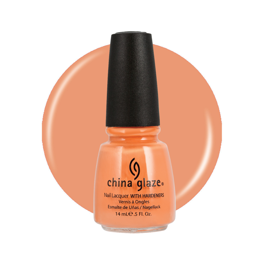 A bottle of China Glaze nail polish in a warm peach-orange shade, shown against a white background with a matching peach-orange circular color swatch behind it.