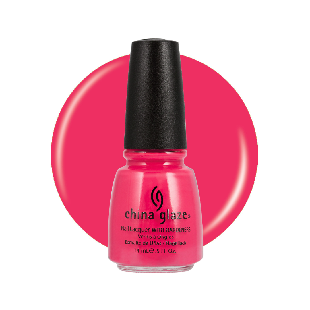 A bottle of China Glaze nail lacquer with a black cap, shown in front of a large circular swatch of the bright pink nail polish color on a white background.