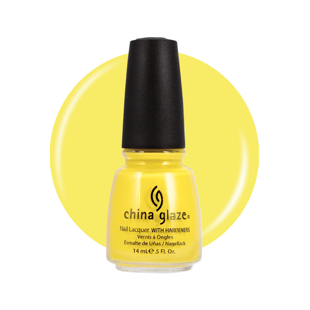 A bottle of China Glaze nail lacquer in a bright yellow shade, featuring a black cap and a matching yellow circular color swatch behind it on a white background.