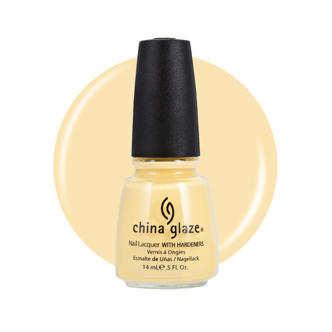 A bottle of China Glaze nail lacquer with hardeners in a pale yellow shade, set against a matching pale yellow circular swatch on a white background.