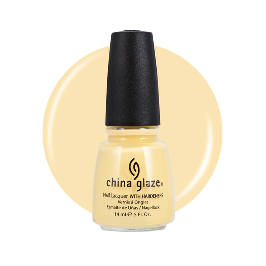 A bottle of China Glaze nail lacquer with hardeners in a pale yellow shade, set against a matching pale yellow circular swatch on a white background.
