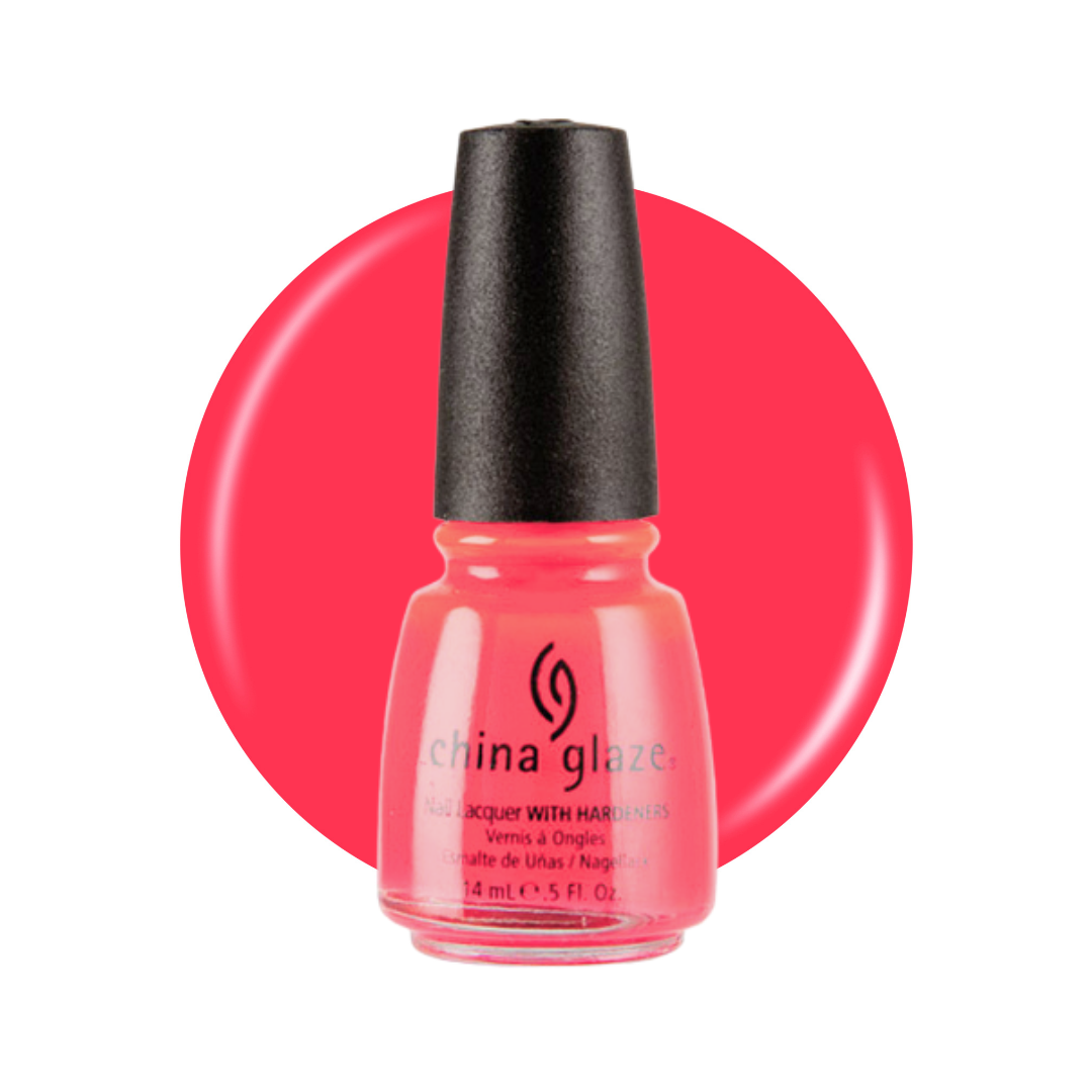 A bottle of China Glaze nail polish with a black cap, shown in front of a bright coral-pink circular color swatch on a white background.