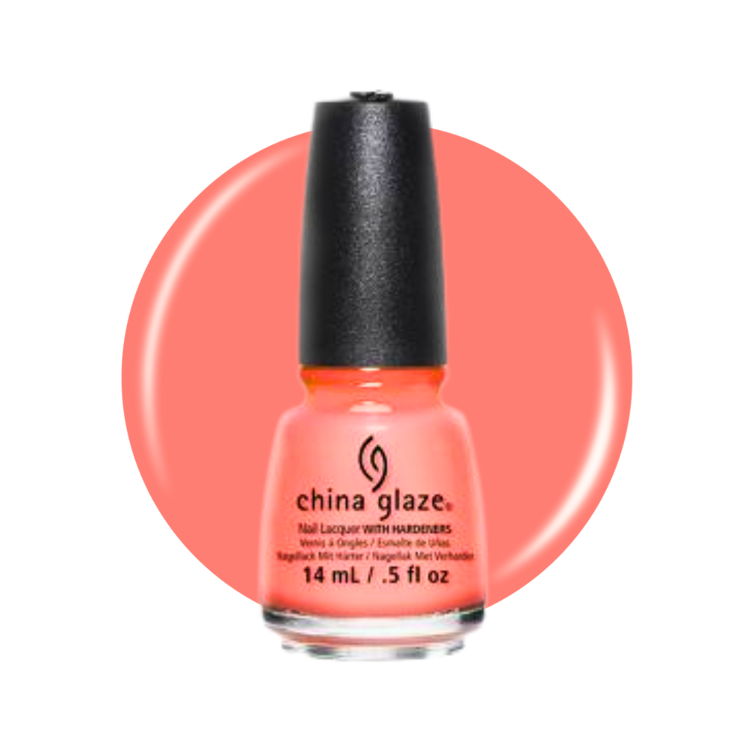 A bottle of China Glaze nail polish in a bright coral pink shade, set against a matching circular color swatch on a white background.